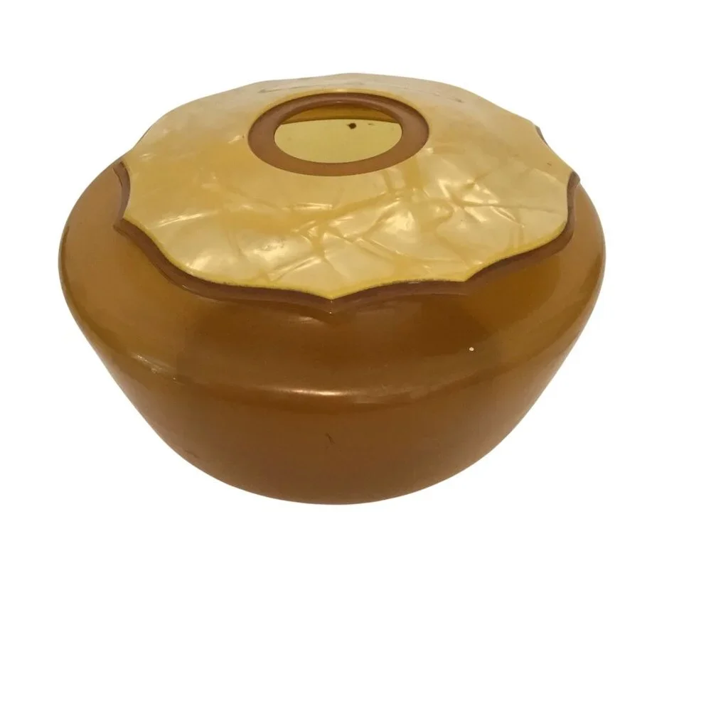 VTG Butterscotch Bakelite Style Hair Receiver Lidded Vanity Dish Amber Retro Box